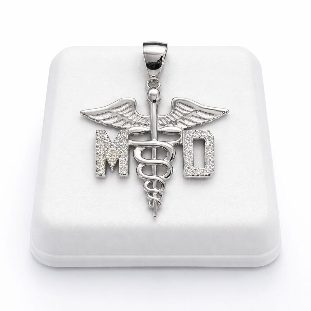 925 Sterling Silver Medical Doctor Caduceus Symbol CZ Pendant